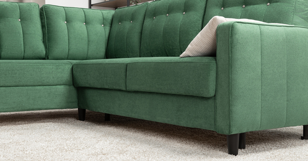 Диван-кровать угловой Арно ТД 566 велюр Лаки 20 хвойный зеленый, Vertical 910 молочно-серый, сборка на любую сторону