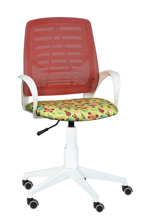 Кресло на колесах Ирис белый каркас, обивка сидушка - ткань саржа букашки, спинка красный,  подлокотники пластик, крестовина пластик, без качания