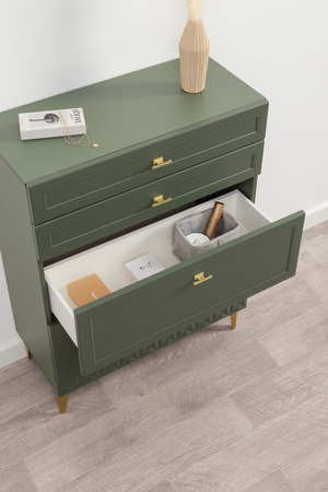 Комод Марион 16.249 дымчатый зеленый K521, олива шагрень AG 1050 ПВХ, белый PE шагрень