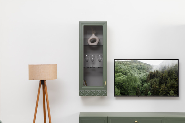 Шкаф навесной Марион 16.334 дымчатый зеленый K521, олива шагрень AG 1050 ПВХ (собирается на любую сторону)