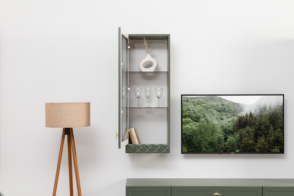 Гостиная Марион композиция 2 дымчатый зеленый K521, олива шагрень AG 1050 ПВХ, белый PE шагрень (собирается на любую сторону)