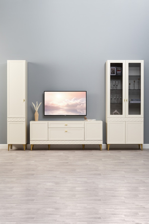 Гостиная Марион композиция 2 слоновая кость С341 PE, слоновая кость 6898 ПВХ, белый PE шагрень (собирается на любую сторону)