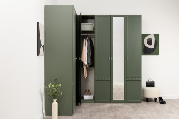 Шкаф угловой Марион 16.339 дымчатый зеленый K521, олива шагрень AG 1050 ПВХ (собирается на любую сторону)