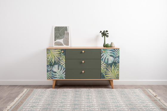 Комод Маттиас 16.245 дымчатый зеленый K521, гикори рокфорд натуральный KO86 PW, белый PE шагрень, фотопечать