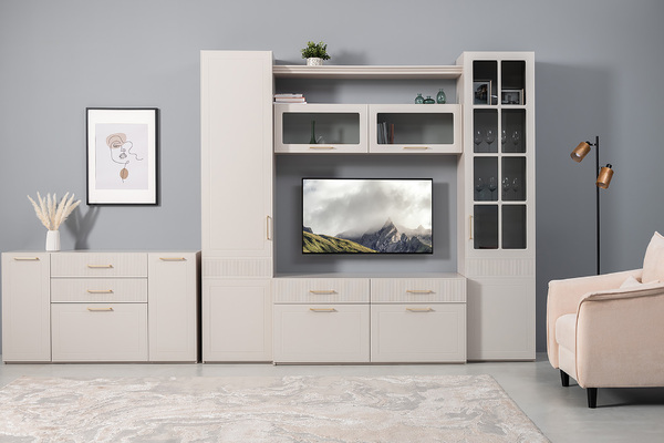 Гостиная Ричфорд композиция 2 с карнизами, кашемир 5981 BS, моно керамика D166-2 ПВХ, белый PE шагрень (собирается на любую сторону)