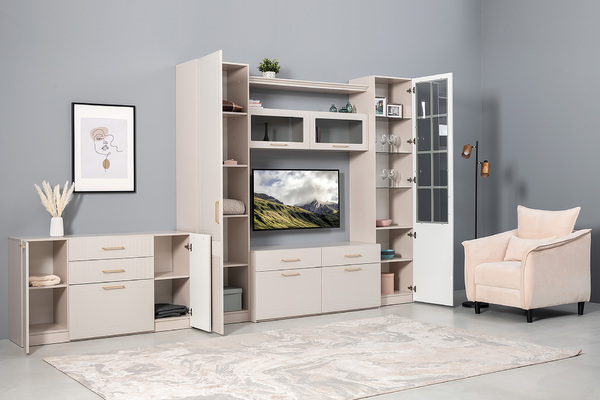 Гостиная Ричфорд композиция 2 с карнизами, кашемир 5981 BS, моно керамика D166-2 ПВХ, белый PE шагрень (собирается на любую сторону)