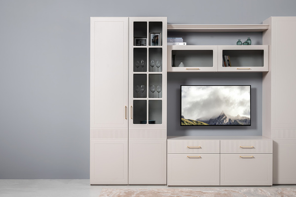 Гостиная Ричфорд композиция 1 без карнизов, кашемир 5981 BS, моно керамика D166-2 ПВХ, белый PE шагрень (собирается на любую сторону)